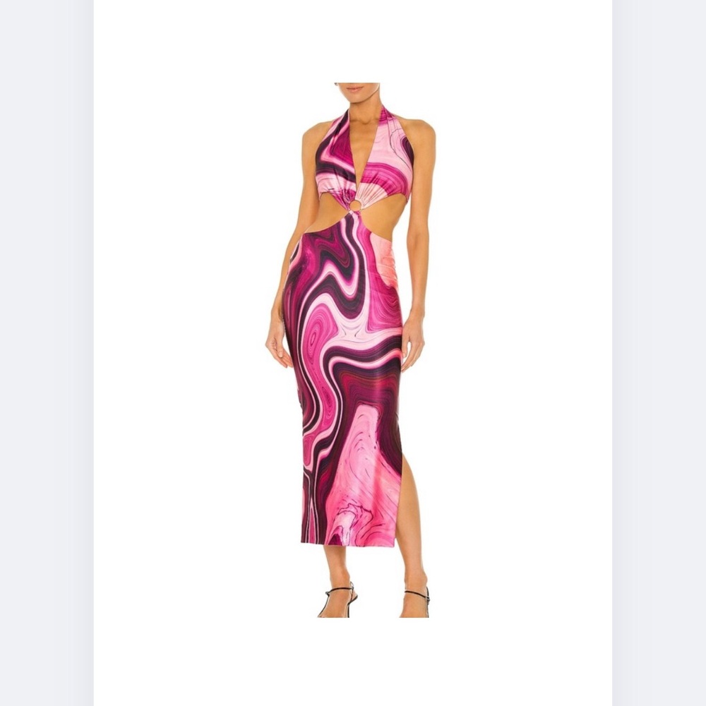 Farai London Pink and Black Swirl Midi Dress